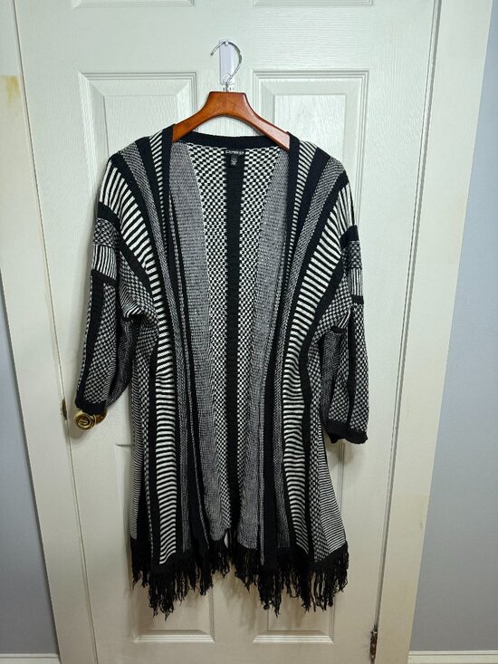 Express Sweaters - Express Black White Geometric Fringe Cardigan Sweater Coat One Size